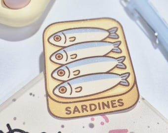 Pegatina de sardinas, bonita pegatina de lata de pescado, pegatina estética de comida para portátil, botella de agua, diario, pegatina impermeable con purpurina