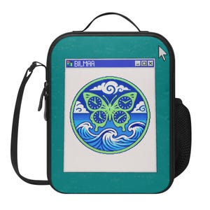 May include: Teal lunch bag with a black handle and strap. The bag features a graphic of a butterfly made of clocks, set against a blue ocean and sky. The word "BILMAA" is displayed in a window.