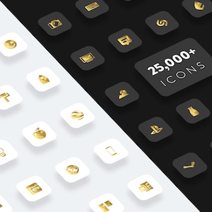 Könnte beinhalten: Eine Sammlung von goldenen Icons auf weißen und schwarzen quadratischen Hintergründen. Die Icons zeigen verschiedene Objekte und Symbole, wie eine Rakete, eine Glühbirne, eine Kamera, einen Berg, eine Flasche und einen Gamecontroller. Der Text "25.000+ ICONS" wird in Weiß auf schwarzem Hintergrund angezeigt.