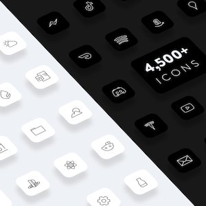 May include: A black and white image showcasing a collection of over 4,500 icons. The icons are displayed on a white and black background, with each icon appearing in a square shape. The icons represent various popular apps, brands, and symbols.