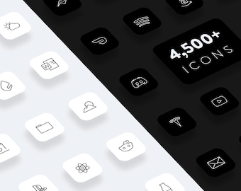 May include: A black and white image showcasing a collection of over 4,500 icons. The icons are displayed on a white and black background, with each icon appearing in a square shape. The icons represent various popular apps, brands, and symbols.