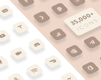 May include: A collection of app icons in a minimalist style, featuring a palette of beige and brown. The icons are arranged on a diagonal split background, with the text "35,000+ ICONS" displayed prominently. The icons represent various apps.