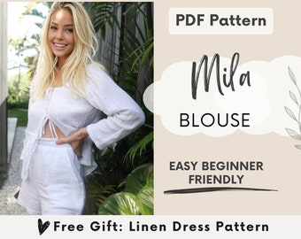 Blouse womens PDF sewing pattern, Easy summer tie top, Linen blouse sewing pattern, Boho tie top, US 2-16,UK 6-20, Beginner friendly pattern