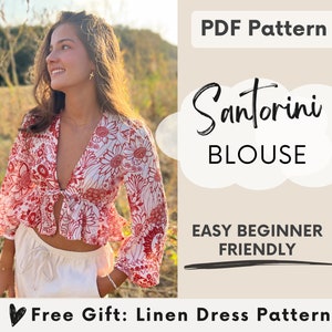 Blouse Sewing Pattern PDF / Womans ruffle tie top / Digital instant download / US 2-16, UK6-20 / US letter, A4, A0