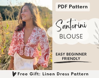 Blouse Sewing Pattern PDF / Womans ruffle tie top / Digital instant download / US 2-16, UK6-20 / US letter, A4, A0