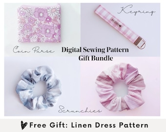 Sewing pattern PDF bundle, Includes lanyard keychain/key fob, coin purse/zipper pouch, and scrunchie, Perfect beginner sewing project