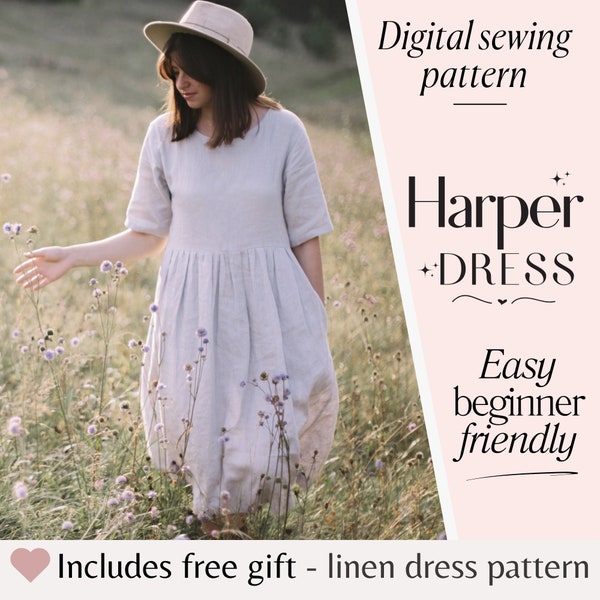 Women's Dress Sewing Pattern, Beginner Friendly Linen Dress PDF Pattern, Ruffle Babydoll Dress Style, Milkmaid Cottagecore with Pockets
