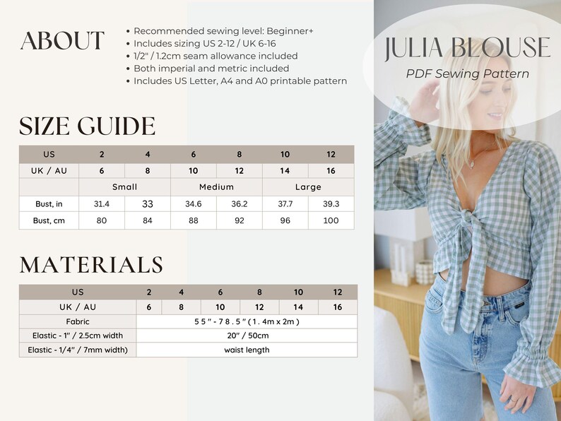 Blouse PDF Digital Sewing Pattern, Front Tie Top With Puff Sleeves ...