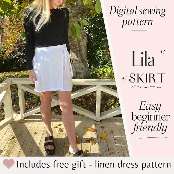Wrap Skirt Sewing Pattern pdf, Girl's Mini Skirt with Tie, Women's High Waisted Skirt, Midi Wrap Linen skirt PDF, Beginner Skirt Pattern