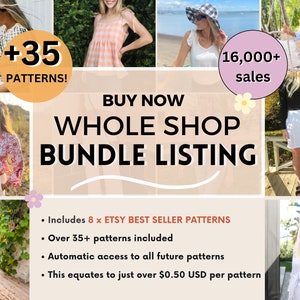 May include: A pink and white graphic with the text "BUY NOW WHOLE SHOP BUNDLE LISTING" and a list of features: "Includes 8 x ETSY BEST SELLER PATTERNS", "Over 35+ patterns included", "Automatic access to all future patterns", "This equates to just over $0.50 USD per pattern". The graphic is surrounded by images of women wearing different clothing items.