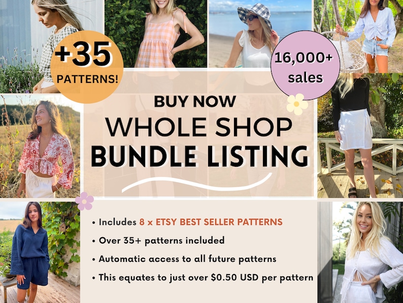 May include: A pink and white graphic with the text "BUY NOW WHOLE SHOP BUNDLE LISTING" and a list of features: "Includes 8 x ETSY BEST SELLER PATTERNS", "Over 35+ patterns included", "Automatic access to all future patterns", "This equates to just over $0.50 USD per pattern". The graphic is surrounded by images of women wearing different clothing items.