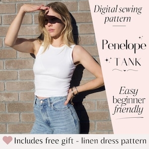 Patrón de costura en PDF para camiseta sin mangas de mujer, camiseta sin mangas estilo nadadora, patrón de costura de verano para principiantes, patrón para tela de punto, camiseta sin mangas de canalé