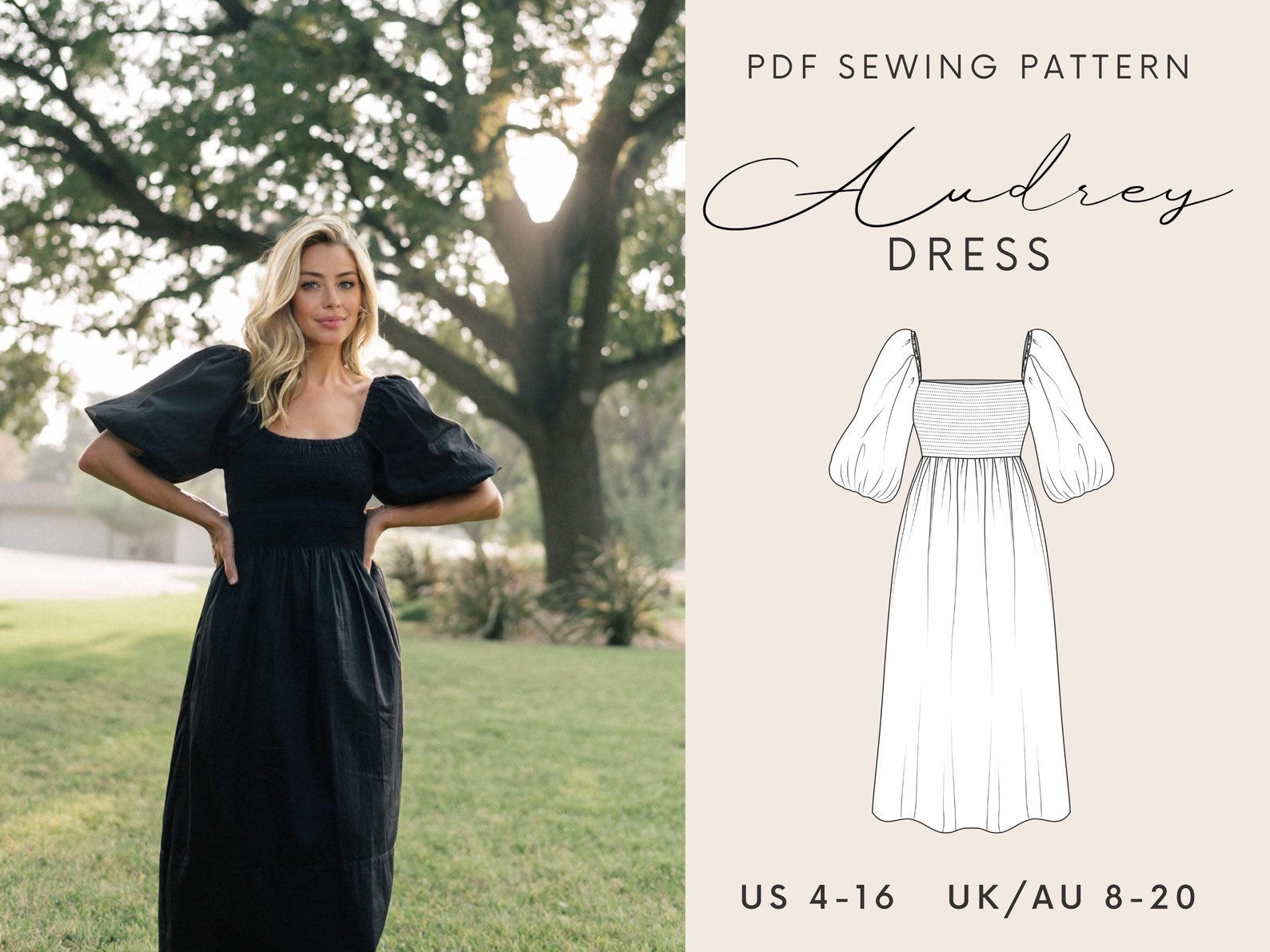 Shirred Dress Sewing Pattern Pdf Puff Sleeve Dress Pattern - Etsy Australia