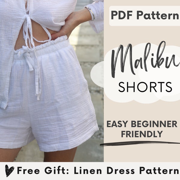 Shorts Sewing Pattern PDF, Easy Sewing Pattern for Women's Shorts, High waisted Elastic Shorts, Beginner Sewing Pattern, US 2-28, UK 6-34