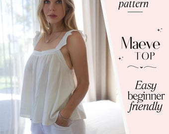 Women's blouse sewing pattern, Ruffle Strap Tank Top, Easy beginner sewing pattern PDF, cottage-core tank top, Summer frill singlet, Maeve