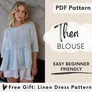 Women's linen blouse sewing pattern | Linen tunic top | Easy beginner sewing pattern PDF | Boho cottagecore top | Summer frill blouse tunic