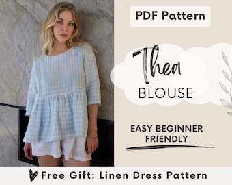 Women's linen blouse sewing pattern | Linen tunic top | Easy beginner sewing pattern PDF | Boho cottagecore top | Summer frill blouse tunic