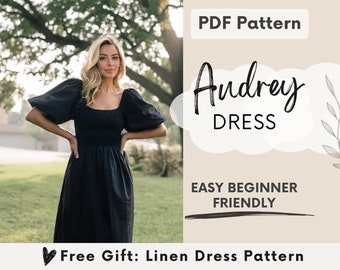 Shirred Dress Sewing Pattern pdf | Puff Sleeve Dress Pattern | Linen Dress Pattern | Cottagecore Womens Dress Pattern | US 4-16, UK/AU 8-20