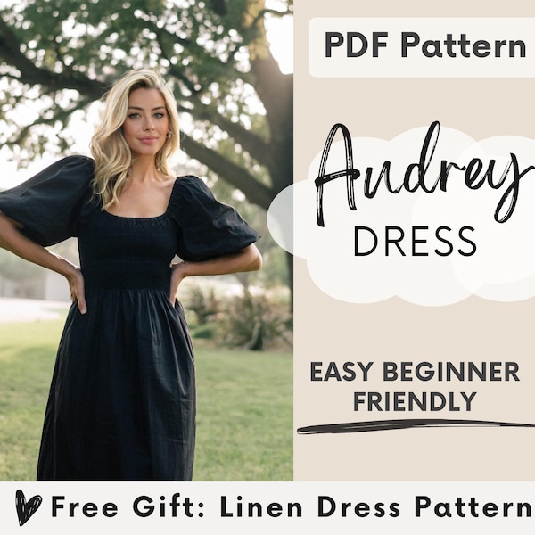 Shirred Dress Sewing Pattern pdf | Puff Sleeve Dress Pattern | Linen Dress Pattern | Cottagecore Womens Dress Pattern | US 4-16, UK/AU 8-20