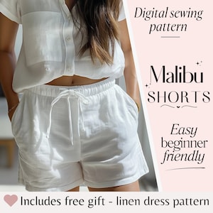 Womens linen shorts sewing pattern, Sewing patterns for women, Easy Shorts Pattern, Beginner Sewing Patterns, Linen shorts pattern