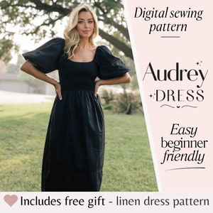 Shirred Dress Sewing Pattern pdf | Puff Sleeve Dress Pattern | Linen Dress Pattern | Cottagecore Womens Dress Pattern | US 4-16, UK/AU 8-20