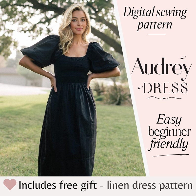 Puede incluir: Un patr&oacute;n de costura digital para un vestido midi negro con mangas abullonadas, llamado vestido Audrey. El patr&oacute;n es f&aacute;cil para principiantes e incluye un patr&oacute;n de vestido de lino gratis.