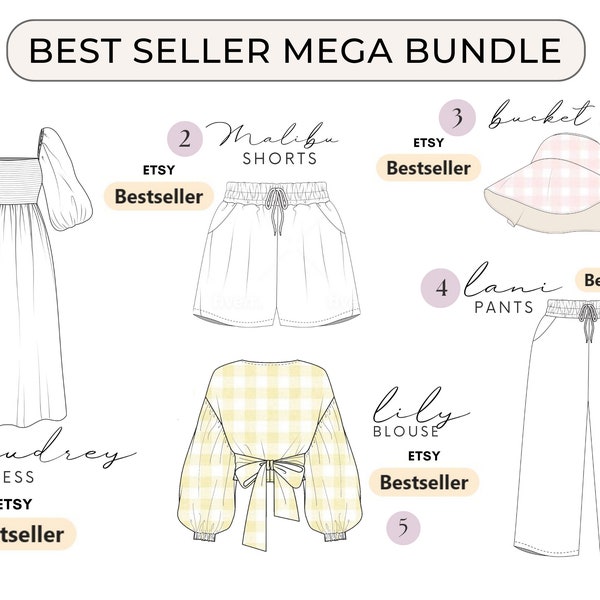 PDF Sewing Pattern Bundle  | Women's Bulk Sewing Patterns | Blouse Sewing Pattern, Dress, Hat, Shorts, Pants | Best Seller Sewing Patterns