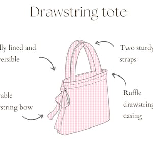 May include: A pink and white gingham drawstring tote bag with two sturdy straps. The bag has a ruffle drawstring casing and a bow at the top.