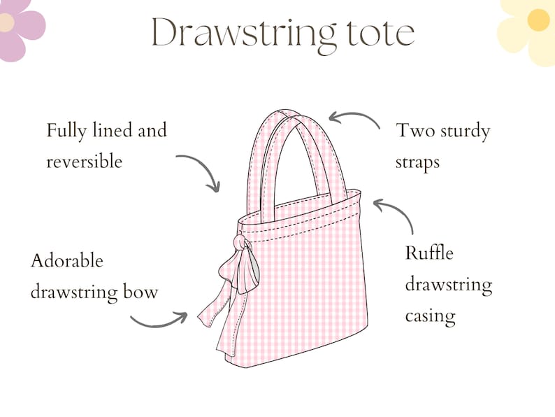 May include: A pink and white gingham drawstring tote bag with two sturdy straps. The bag has a ruffle drawstring casing and a bow at the top.