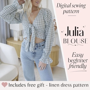 Blouse PDF digital sewing pattern, Front tie top with puff sleeves ruffle flounce, Easy beginner sewing pattern, Summer digital pattern