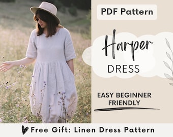 Damesjurk naaipatroon, beginnersvriendelijke linnen jurk PDF-patroon, Ruffle Babydoll jurkstijl, melkmeisje Cottagecore met zakken