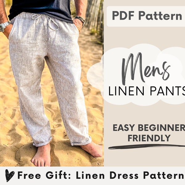 Men's Linen Pants Sewing Pattern PDF, Men's Pants Pattern, Easy Beginner Digital Pattern, Men's Summer Pants, Boys Linen Trouser Pattern