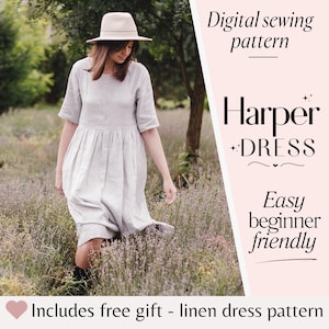 May include: A digital sewing pattern for a simple dress called the "Harper Dress". The pattern is described as easy and beginner friendly. The image shows a woman wearing a light gray linen dress in a field of lavender.