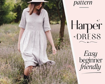 Women&#39;s Linen Dress Sewing Pattern, Dress PDF Pattern, Babydoll Dress Style, Milkmaid Boho Dress with Pockets, Midi Summer Cottagecore Dress