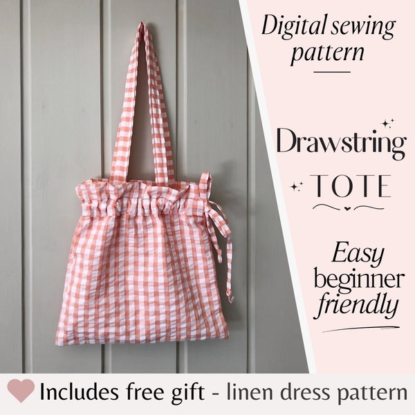 Drawstring tote bag pdf sewing pattern, womans easy beginner linen ruffle bag pattern,  Reversible lined bag, cottagecore beach bag,kids bag