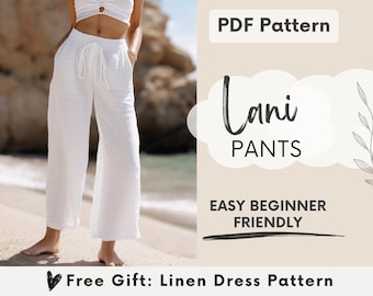 Broek naaipatroon PDF, eenvoudig naaipatroon voor dameslinnen broeken, hoog getailleerde wijde pijpen broeken, beginners naaipatroon