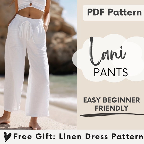 Pants Sewing Pattern PDF, Easy Sewing Pattern for Women's Linen Pants, High Waisted Wide-Leg Pants Trousers, Beginner Sewing Pattern