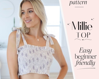 Shirred crop top with bow straps, Women's sewing pattern PDF, Summer tank top digital pattern, Easy beginner sewing pattern
