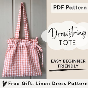 Drawstring tote bag pdf sewing pattern, womans easy beginner linen ruffle bag pattern,  Reversible lined bag, cottagecore beach bag,kids bag