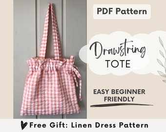 Drawstring tote bag pdf sewing pattern, womans easy beginner linen ruffle bag pattern,  Reversible lined bag, cottagecore beach bag,kids bag