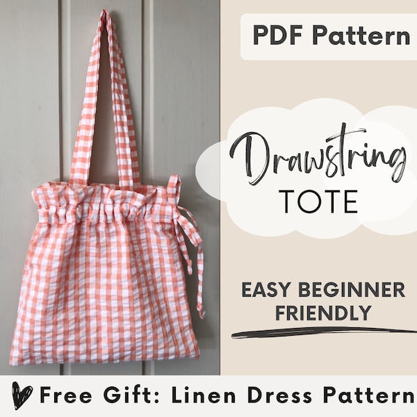 Drawstring tote bag pdf sewing pattern, womans easy beginner linen ruffle bag pattern,  Reversible lined bag, cottagecore beach bag,kids bag