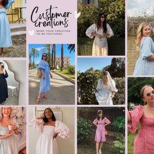 Puede incluir: Un collage de nueve im&aacute;genes que muestran a varias mujeres vistiendo diferentes estilos de vestidos con mangas abullonadas. Los vestidos son de varios colores y patrones, incluyendo flores, cuadros vichy y colores s&oacute;lidos. El texto "Customer Creations" aparece en la parte superior central del collage.