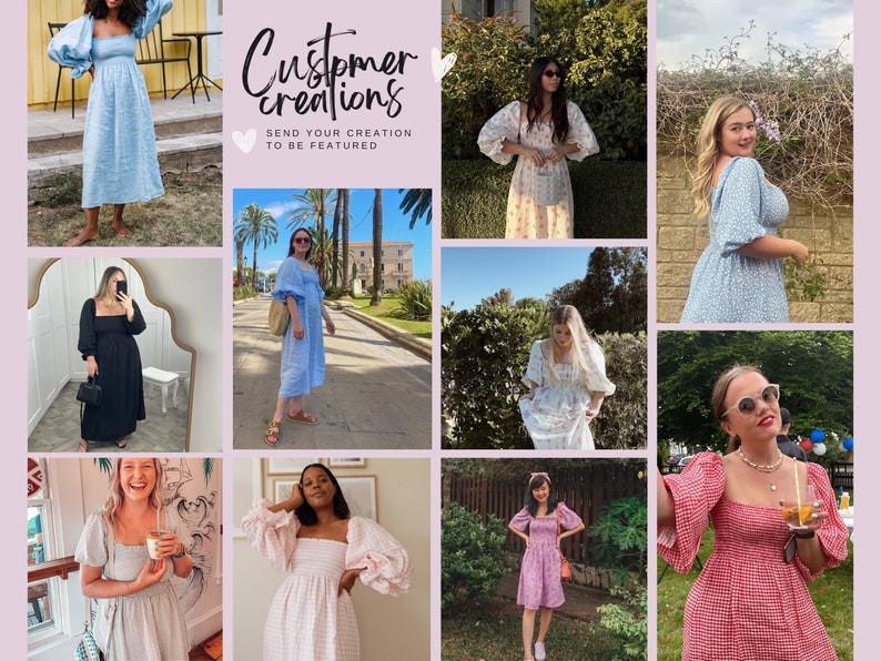 Puede incluir: Un collage de nueve im&aacute;genes que muestran a varias mujeres vistiendo diferentes estilos de vestidos con mangas abullonadas. Los vestidos son de varios colores y patrones, incluyendo flores, cuadros vichy y colores s&oacute;lidos. El texto "Customer Creations" aparece en la parte superior central del collage.