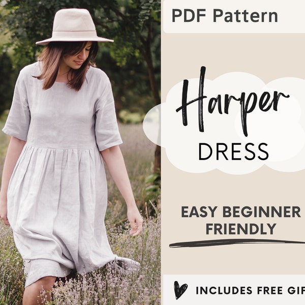 Women's Linen Dress Sewing Pattern, Dress PDF Pattern, Babydoll Dress Style, Milkmaid Boho Dress with Pockets, Midi Summer Cottagecore Dress
