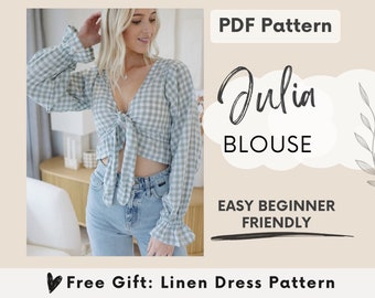 Blouse PDF digital sewing pattern, Front tie top with puff sleeves ruffle flounce, Easy beginner sewing pattern, Summer digital pattern