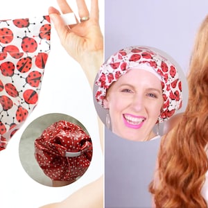 Shower Cap with Comfy Soft Wide Band instead of elastic. Advanced NO TUCK Design Goes on Easy-Won&#39;t Shift/Fall Off. Fight the frizz! SALE!