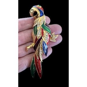 Vintage Large 1980's Rhinestone Parrot Brooch Enamel Red Green Blue Gold Tone