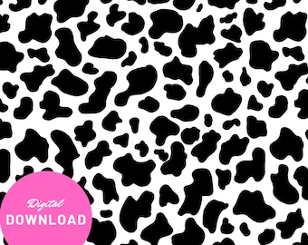 Puede incluir: Patrón sin costuras en blanco y negro con un diseño de estampado de vaca. El patrón está formado por manchas negras irregulares sobre un fondo blanco.