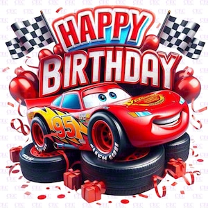 Alles Gute zum Geburtstag, Autos, McQueen, Blitz, Geburtstag, rotes Auto, Becher PNG, T-Shirt PNG, Sublimation, Druck