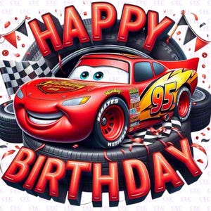 Alles Gute zum Geburtstag, Autos, McQueen, Blitz, Geburtstag, rotes Auto, Becher PNG, T-Shirt PNG, Sublimation, Druck